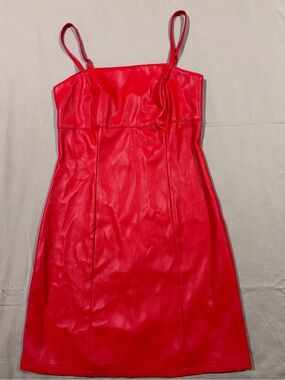 Kirious Red Faux Leather Mini Dress with Spaghetti Straps
